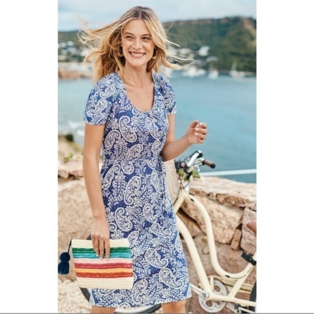 Boden Plus Size Blue and White Paisley Jersey Knit Waist Tie Elspeth Dress